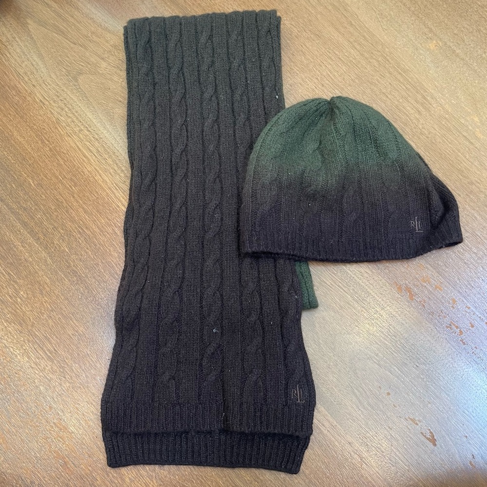 Lauren Ralph Lauren Matching Brown/Green Ombre Scarf And Hat Set